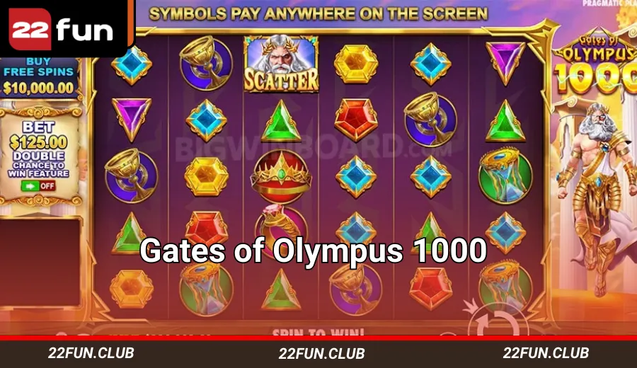 หน้าปกเกมสล็อต Gates of Olympus 1000 จากค่าย Pragmatic Play บนเว็บ 22FUN แสดงรูปเทพเจ้าซุสและสายฟ้า